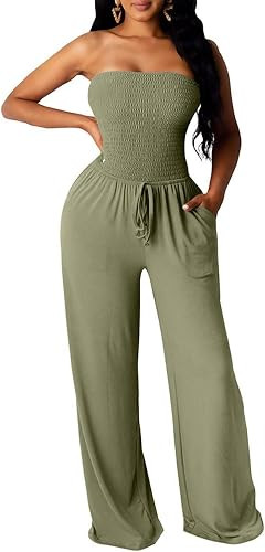 ECDAHICC Women's Strapless Tube Top Rompers Casual Off Shoulder Solid Color Belted Wide Leg Jumps... | Amazon (US)