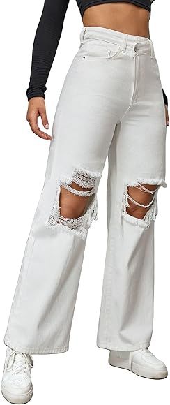 WDIRARA Women's High Waist Ripped Frayed Button Jeans Casual Denim Pants | Amazon (US)