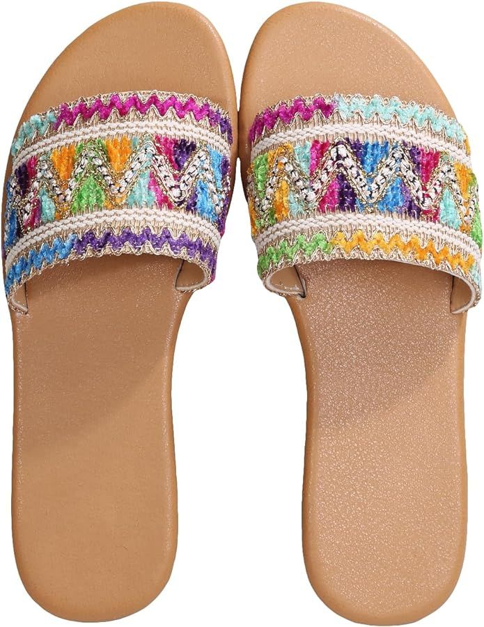OYOANGLE Women's Boho Style Embroidered Flat Sandals Slide Sandals Fashion Flat Sandals Beach Sli... | Amazon (US)