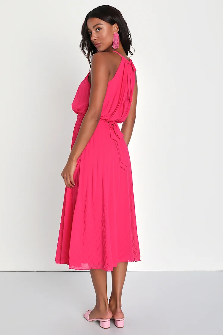Gorgeous Day Hot Pink Pleated Halter Midi Dress | Lulus