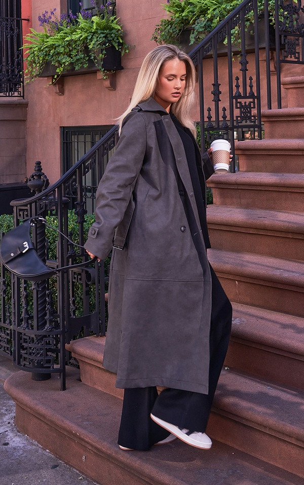 Grey Pu Double Breasted Belted Trench Coat | PrettyLittleThing UK