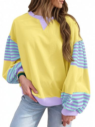 Fisoew Womens Color Block Oversized Sweatshirt Casual Lantern Long Sleeve Crewneck Striped Pullov... | Amazon (US)