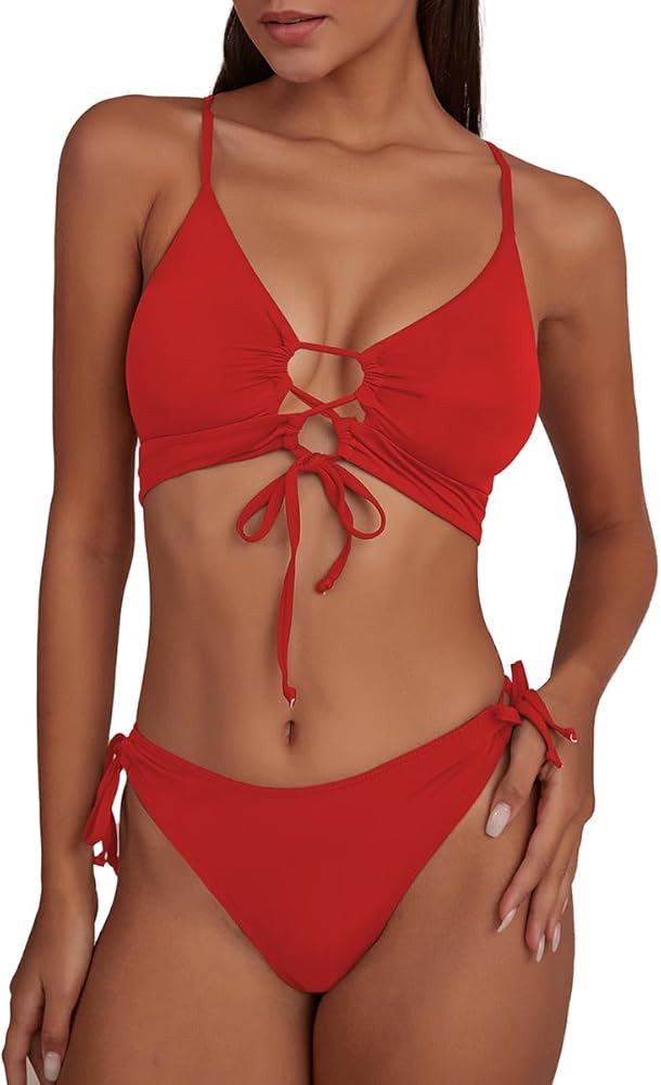 CHYRII Womens Sexy Cutout Bikini Sets Lace Up High Cut Thong Two Piece Swimsuit | Amazon (US)