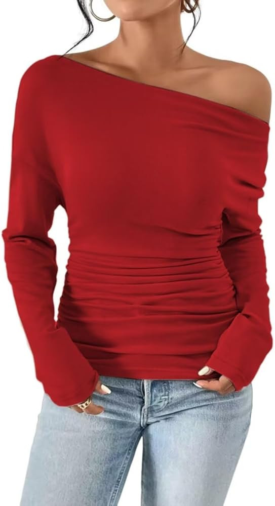 VKEGNIO Women's Off Shoulder Tops Fashion Long Sleeve Shirts Boat Neck Casual Pullover Tunic Tops... | Amazon (US)