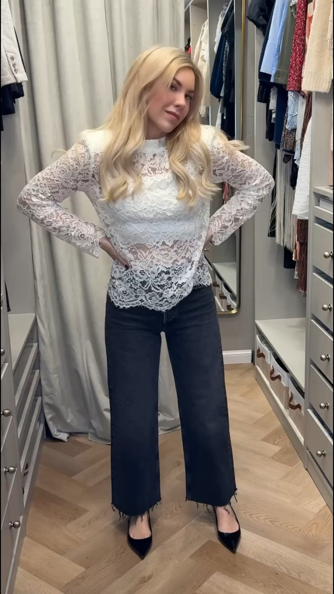 Lace top
Black jeans 
Wide leg cropped jeans 
Kitten heel 

#LTKSeasonal #LTKgrwm #LTKootd