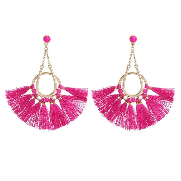 Charm.L Grace Fan Shaped Tassel Earrings Fringe Stud Drop Long Bohemia Statement Earring | Amazon (US)
