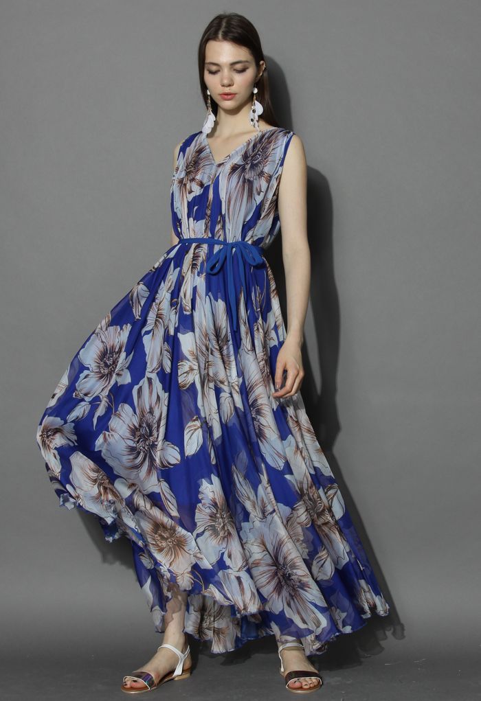 Marvelous Floral Chiffon Maxi Dress in Blue | Chicwish