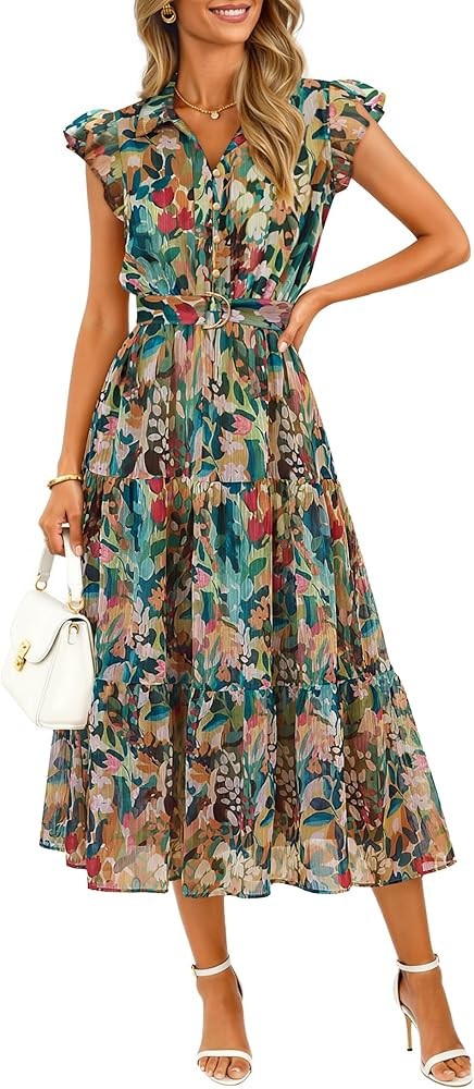ZESICA Women's Summer Floral Midi Dress 2026 Casual Flutter Short Sleeve Chiffon Button Down Wedd... | Amazon (US)