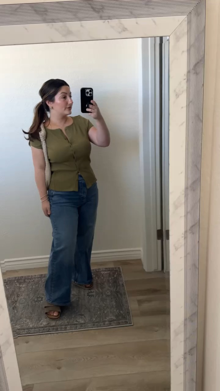 Postpartum outfit! Functional buttons, comfortable jeans and sandals!! 

Top: size large (I have it in black in a medium but sized up for a looser fit) 
Jeans: size 29 - if youre between sizes then size up! 
Sandals run TTS 

Petite friendly, late summer outfit, fall fashion, everyday outfit



#LTKMidsize #LTKSeasonal #LTKShoeCrush