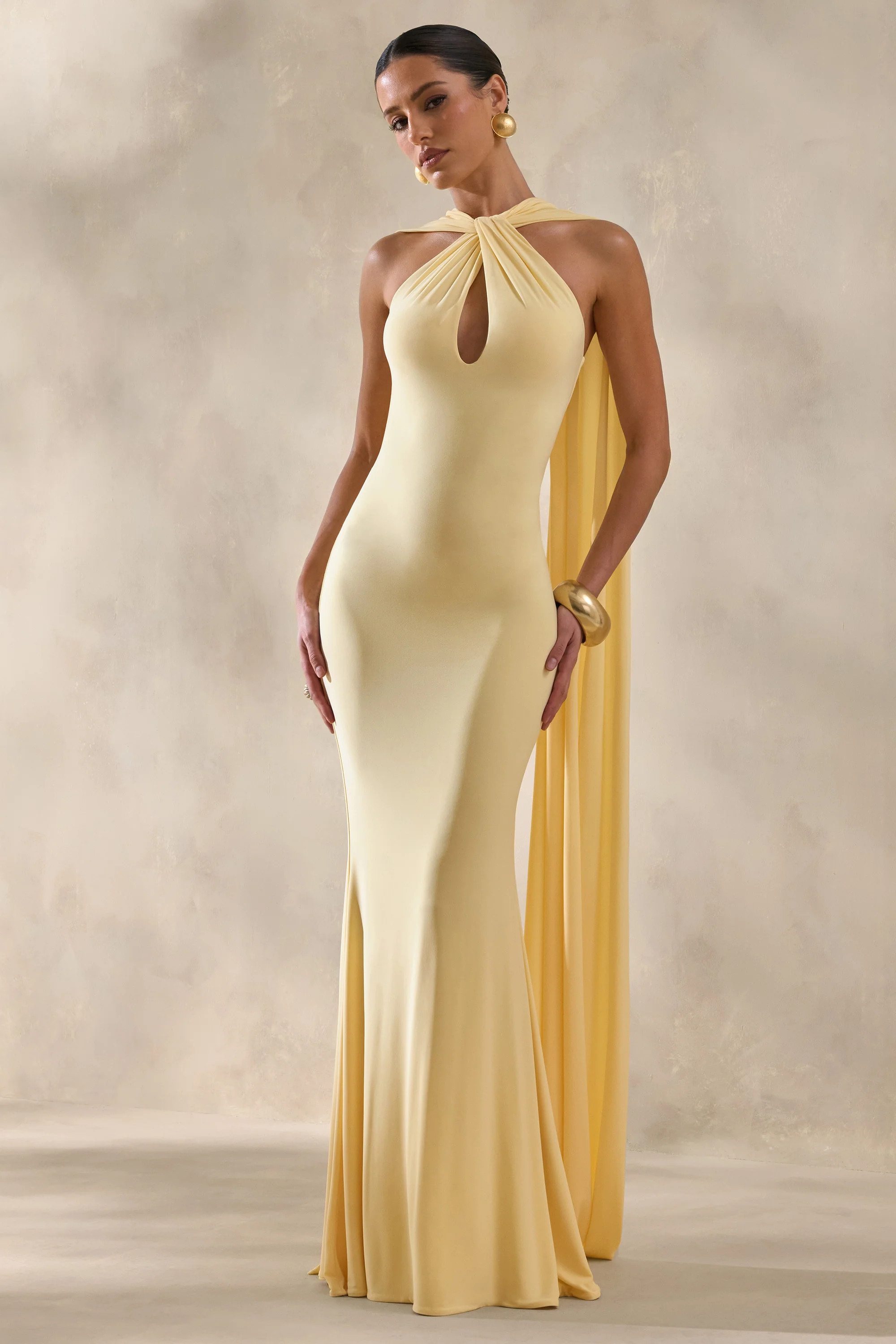 Rhoda | Lemon Twist Halter-Neck Cape Maxi Dress | Club L London