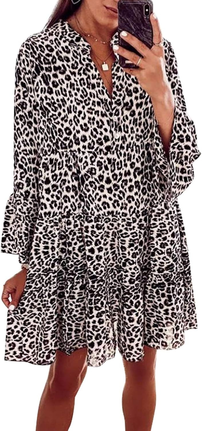 Dearlovers Women's Casual V-Neck Long Sleeve Tunic Dress Ruffle Swing Shift Mini Dresses | Amazon (US)