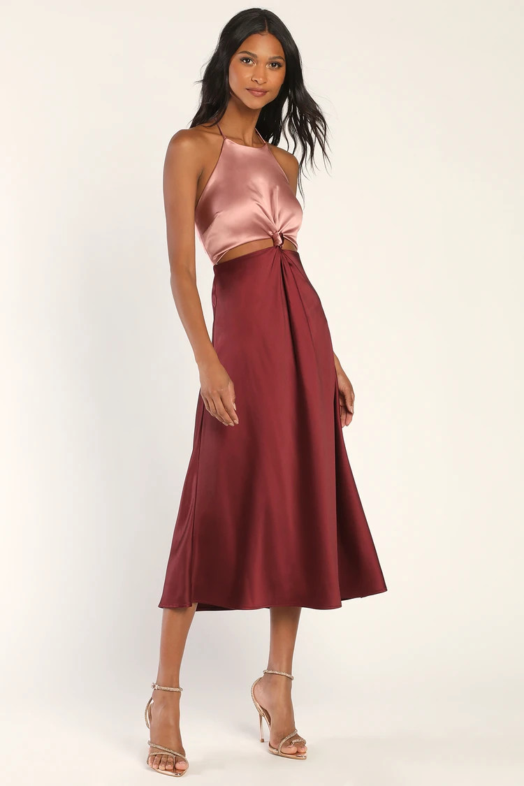 Icon Update Burgundy Color Block Knotted Halter Midi Dress | Lulus