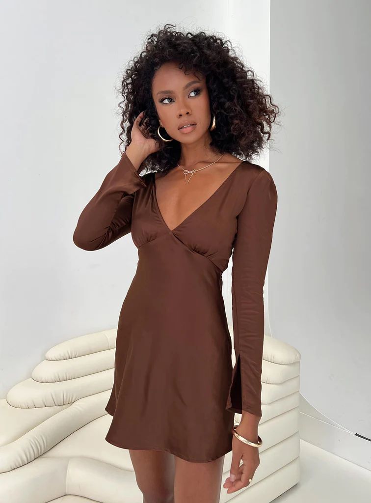Nellie Long Sleeve Mini Dress Chocolate | Princess Polly US