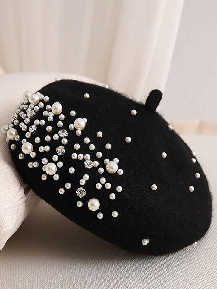 1pc Unisex Black Beret Hat With Y2k Style Pearl Rhinestone Decor, Perfect For Outdoor, Casual And... | SHEIN