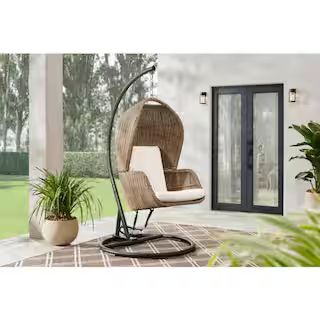 Hampton Bay Melrose Park Brown Closed Wicker Outdoor Patio Egg Swing Close with CushionGuard Almo... | The Home Depot
