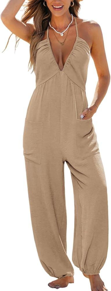 CUPSHE Womens Maxi One Piece Jumpsuit Plunging V Neck Sleeveless Casual Outfit Beach Overall Vaca... | Amazon (US)
