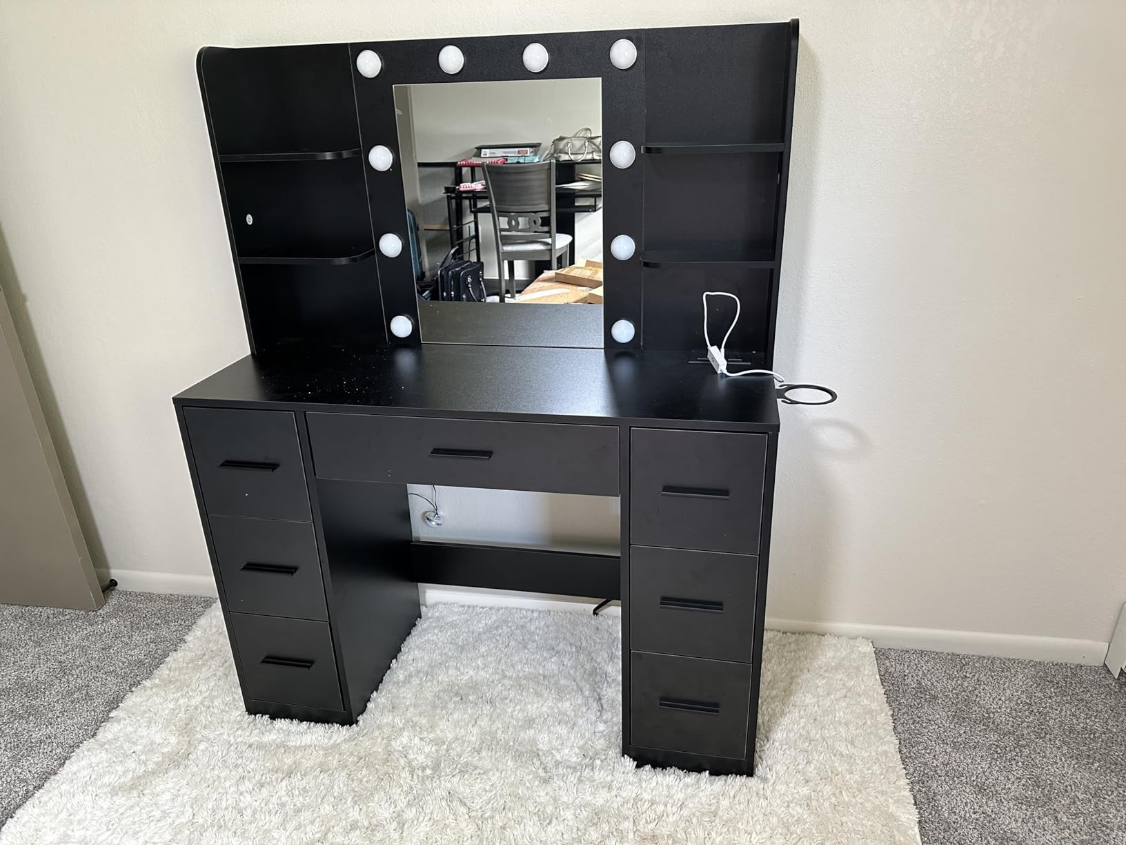 YESHOMY Vanity Desk with Mirror, Power Outlet and 10 Lights, Makeup Table with 7 Drawers, 3 Color Modes Available for Bedroom, Black | Amazon (US)