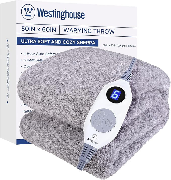 Westinghouse Electric Blankets Heated Throw Soft Cozy Sherpa Heating Blanket, 6 Heat Settings & 4... | Amazon (US)