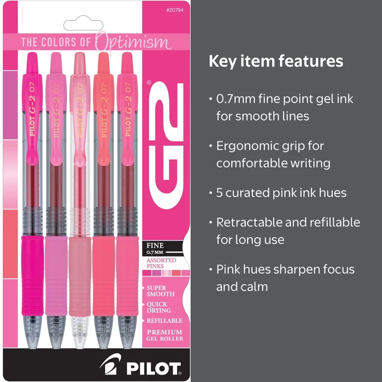 Pilot G2 Retractable Gel Pens, Pink Premium, 0.7mm Fine Point, Assorted Colors, 5 Count | Walmart (US)