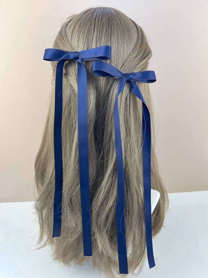 2pcs Simple Blue Bowknot Long Ribbons Hair Clip | SHEIN