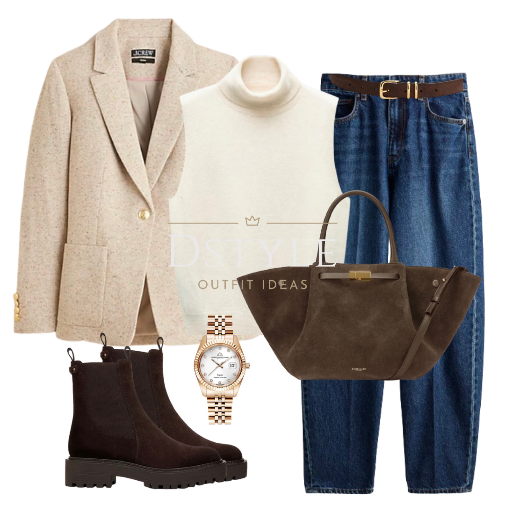 Cream brown flecked wool blend blazer, beige 100% wool turtleneck top, tapered jeans, brown suede belt, brown suede bag, brown suede waterproof Chelsea boots, neutral style, autumn outfit, fall outfit, work wear

#LTKShoeCrush #LTKWorkwear #LTKItBag