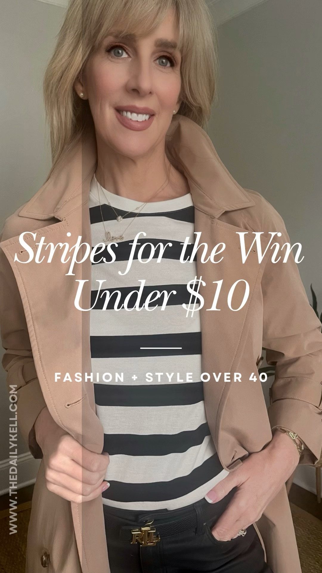 Stripes for the win!  This tee is lightweight and comfy and under $10.  I’m wearing a size small. 

Wearing a size XS in trench (runs large) and my true size in jeans.   

#LTKover40 #LTKfindsunder50 #LTKSpringSale