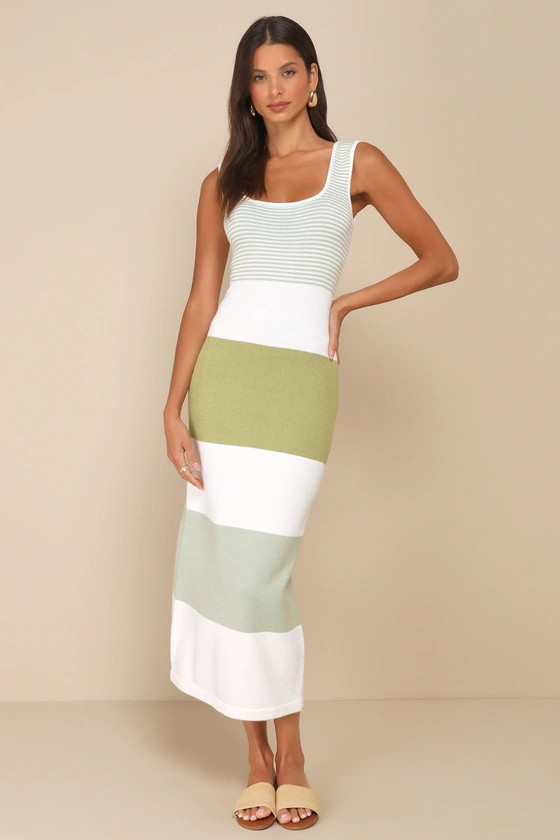 Easily Gorgeous Ivory and Sage Green Striped Midi Sweater Dress | Lulus