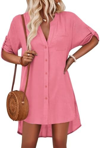 AI'MAGE Women's Swimsuit Cover Ups Shirt V-Neck Button Down Bathing Suit Coverups Beach Tunic Top... | Amazon (US)