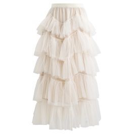 Ruffle Tiered Tulle Mesh Maxi Skirt in Cream | Chicwish