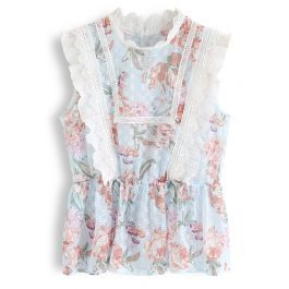 Tulip Printed Eyelet Embroidered Peplum Top in Baby Blue | Chicwish