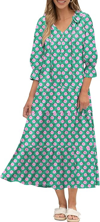 ANRABESS Women Boho Floral Maxi Dresses Summer Puff Sleeve V Neck Beach Swing Casual Flowy Tiered... | Amazon (US)