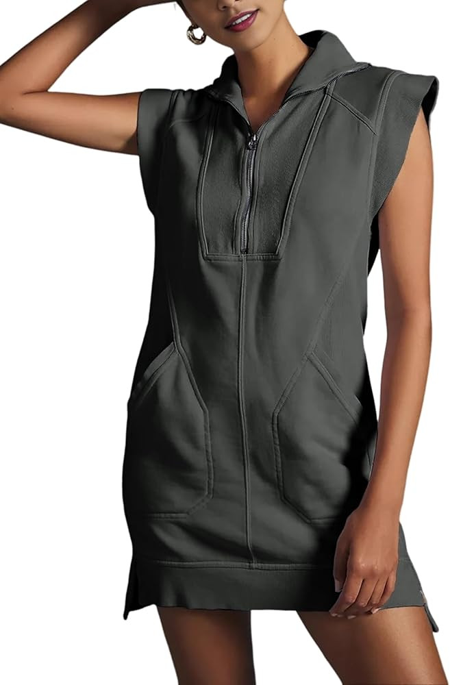 Qiaomai Womens Half Zip Sweatshirt Dresses Summer V Neck Sleeveless Pullover Tunic Tops Mini Dres... | Amazon (US)