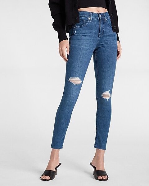 Mid Rise Ripped Dark Wash Skinny Conscious Edit Jeans | Express