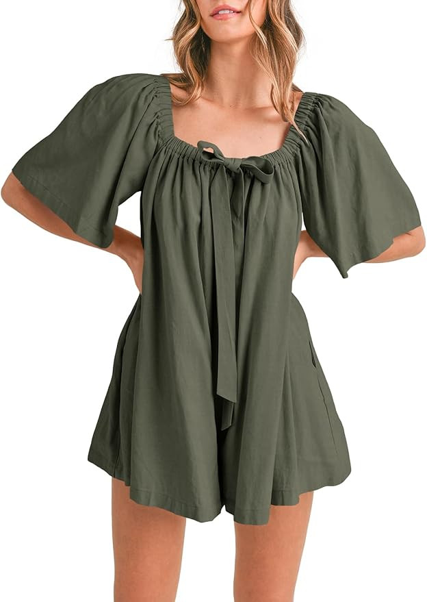 Cicy Bell Womens Summer Square Neck Romper Short Sleeve Backless Tie Front Flowy Short Jumpsuit B... | Amazon (US)