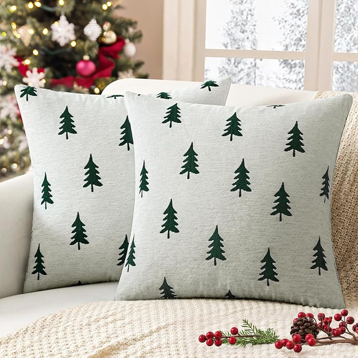 MIULEE Christmas Decorative Chenille Throw Pillow Covers, 20x20 Inch, White Dark Green Tree, Set ... | Amazon (US)