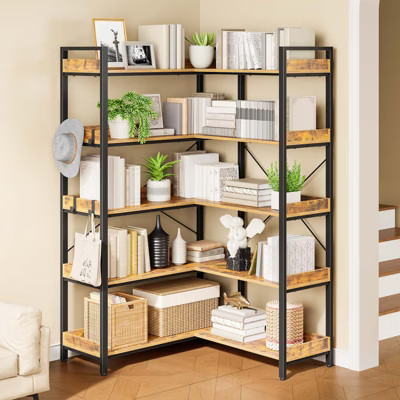 Greenstell 5 Tier Multi-layer reversible corner bookshelf with multiple hooks, space-saving bookshelf, Rustic Brown | Target