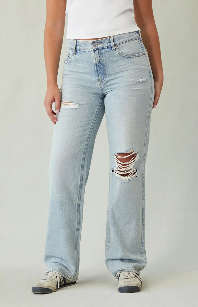 Women's Jordyn Low Rise Straight Leg Jeans Ripped Light Indigo in Medium Indigo - Size 25 | PacSun