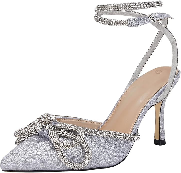 VETASTE Women's Double Bow Pointed Toe Ankle Strap Crystal Pumps Wedding Bridal Party Stilettos B... | Amazon (US)