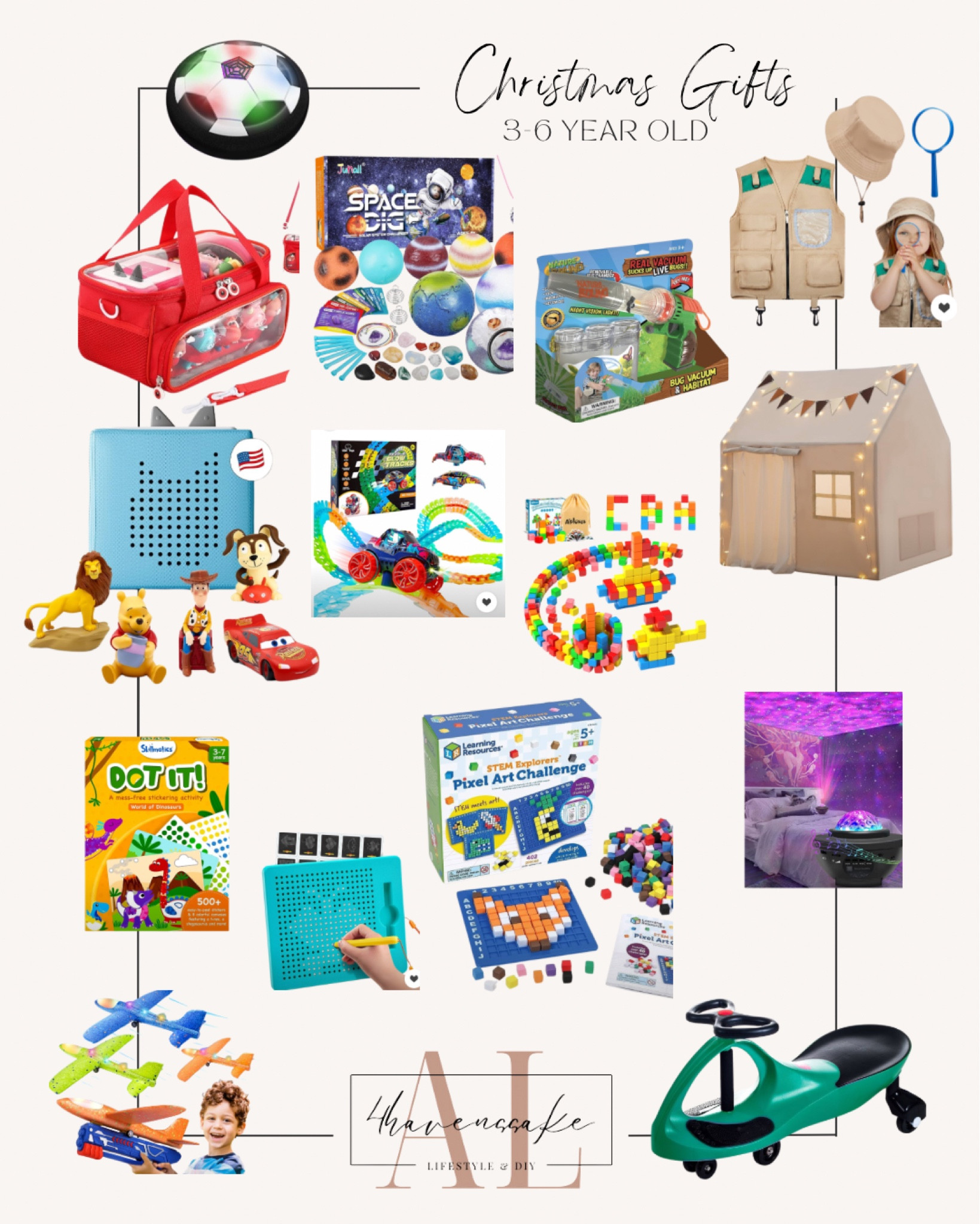My suggestion for the toddler gifts is to pick a theme. IE: outdoors, get the tent, big vacuum, star gazer and explorer accessories. Keep it simple for Christmas. Choose a “want”, “need”, “wear” and “read” item,  hope this helps as you wrap up Christmas ideas. 