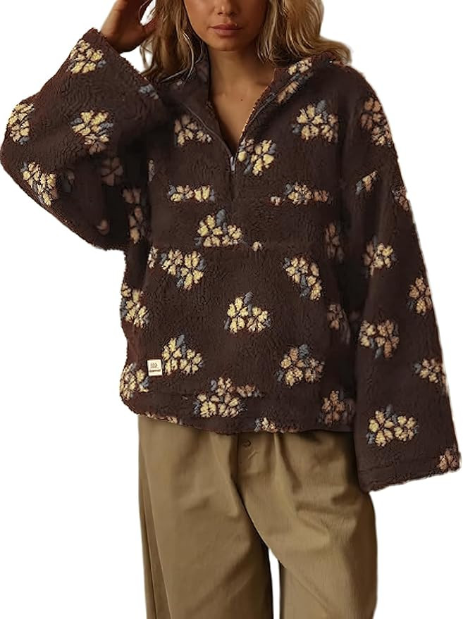 chouyatou Women's Fall Cute Floral Faux Fur Pullover Fleece Sweatshirt Y2k Casual Zip Up Winter S... | Amazon (US)