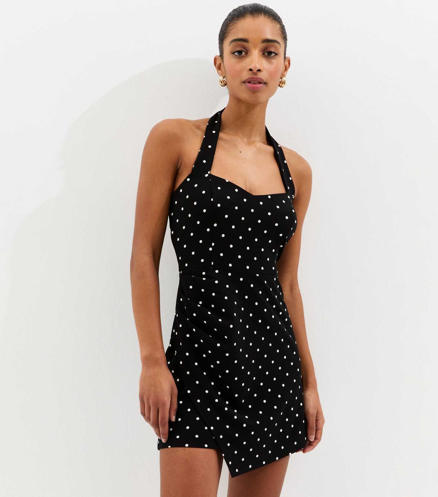 Black Polka Dot Halter Neck Mini Dress | New Look | New Look (UK)