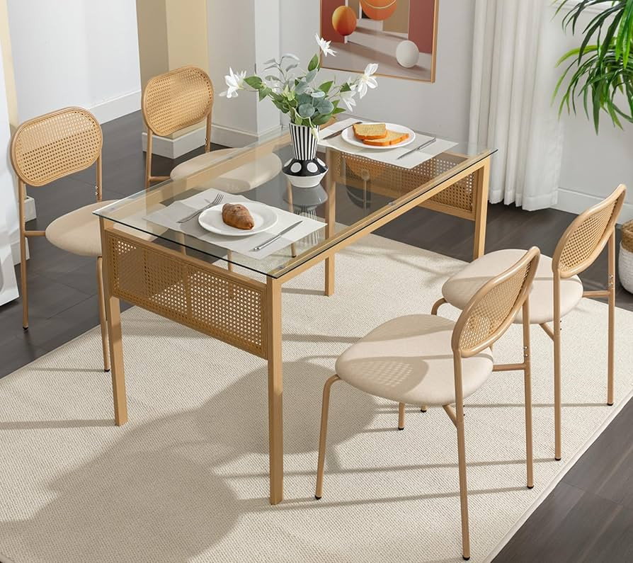 COSVALVE Boho Dining Table Chairs Set of 4, Tempered Glass Tabletop with Rattan Decor, Upholstere... | Amazon (US)