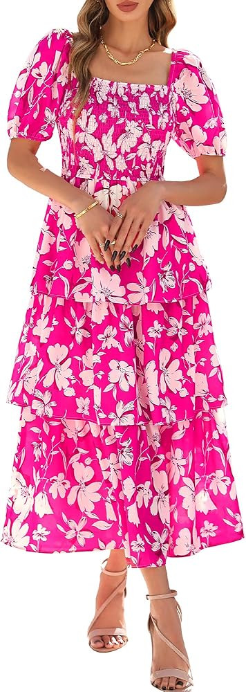 BTFBM Womens Square Neck Smocked Dress Summer Puff Short Sleeve Floral Casual Ruffle Tiered Maxi ... | Amazon (US)