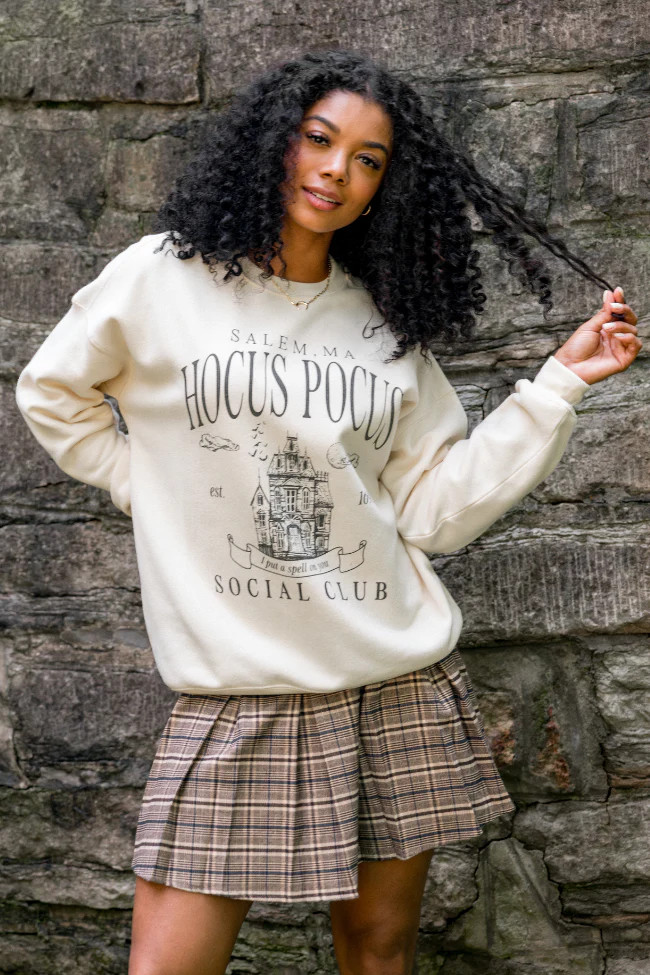 Hocus Pocus Charcoal Print Cream Graphic Sweatshirt SALE | Pink Lily