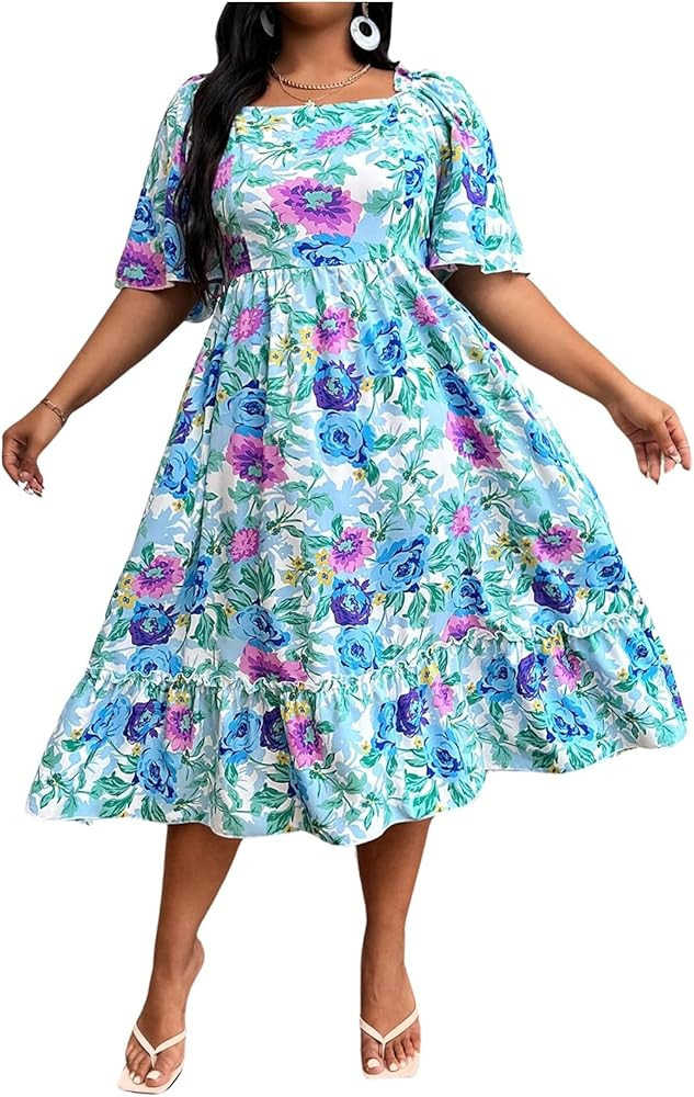 Floerns Women's Plus Size Floral Print Tie Front Square Neck Slit Hem Midi Dress | Amazon (US)