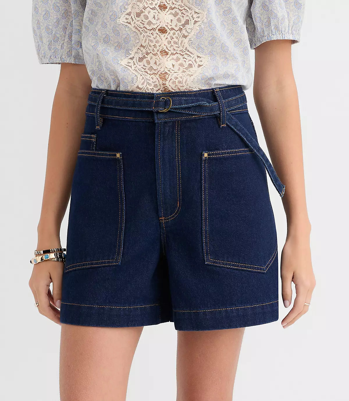 Belted Denim Utility Shorts in Classic Rinse Wash | LOFT