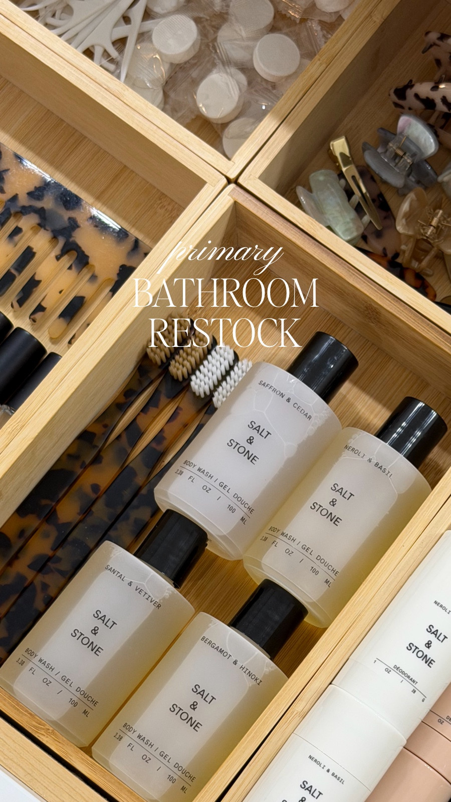 Primary bathroom drawer restock ✨ Luxury bathroom organization with bamboo drawer dividers, travel toiletries, chic hair accessories, and everyday essentials for a clean, elevated vanity setup. Love keeping the bathroom stocked, organized, and hotel-inspired, Salt and Stone. #LTKHome #BathroomOrganization #DrawerOrganization #VanityOrganization #BathroomRestock #PrimaryBathroom 

#LTKHome #LTKBeauty