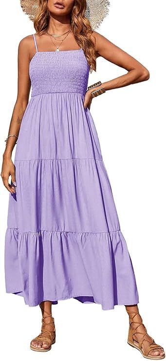 PRETTYGARDEN Womens Spaghetti Strap Smocked Tiered Long Beach Sun Dress | Amazon (US)