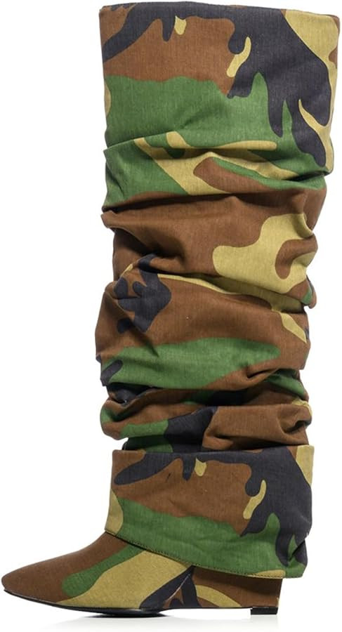 Yishaweiqi Slouched Ruched Fold Over Boots for Women Covered Wedge Heel Patent Leather Knee High ... | Amazon (US)