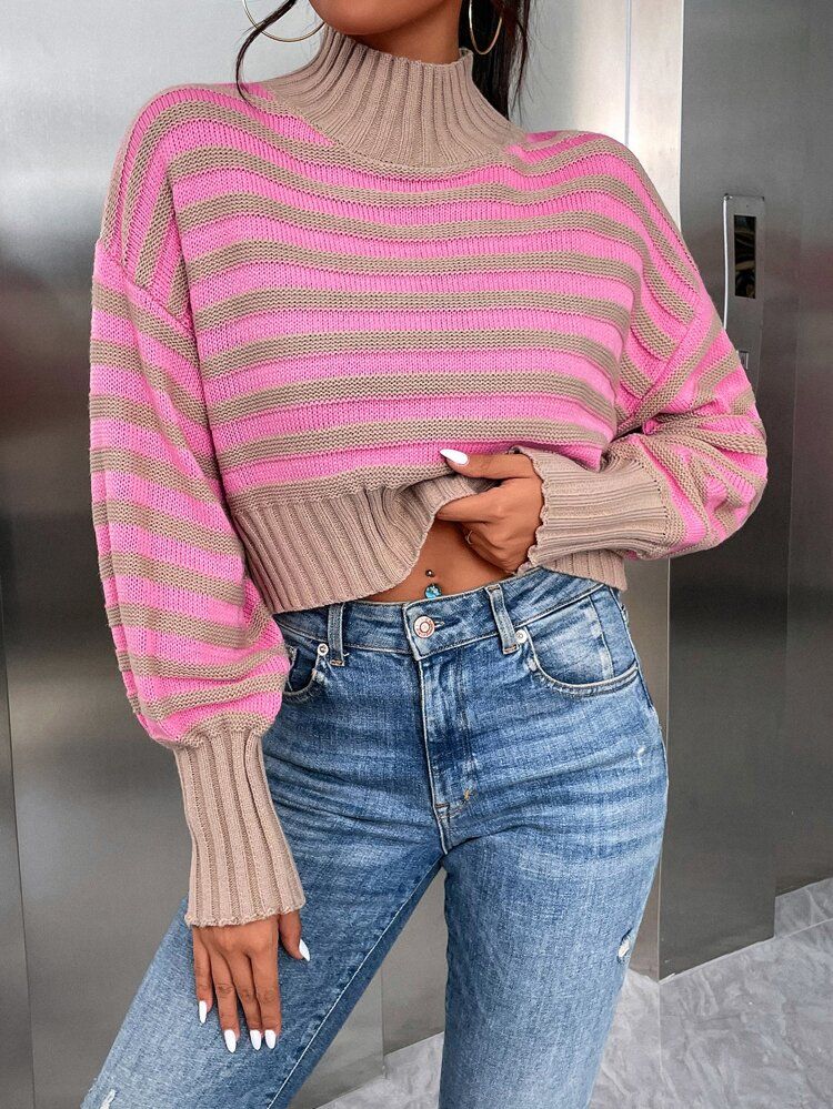 Striped Pattern High Neck Drop Shoulder Sweater | SHEIN